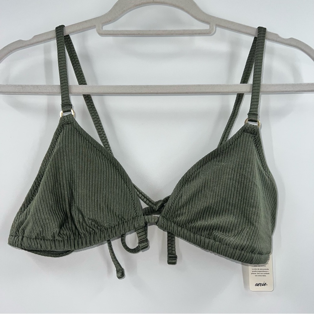 Aerie NWT Shine Rib String Triangle Bikini Top in Olive Fun size Large - Picture 3 of 9